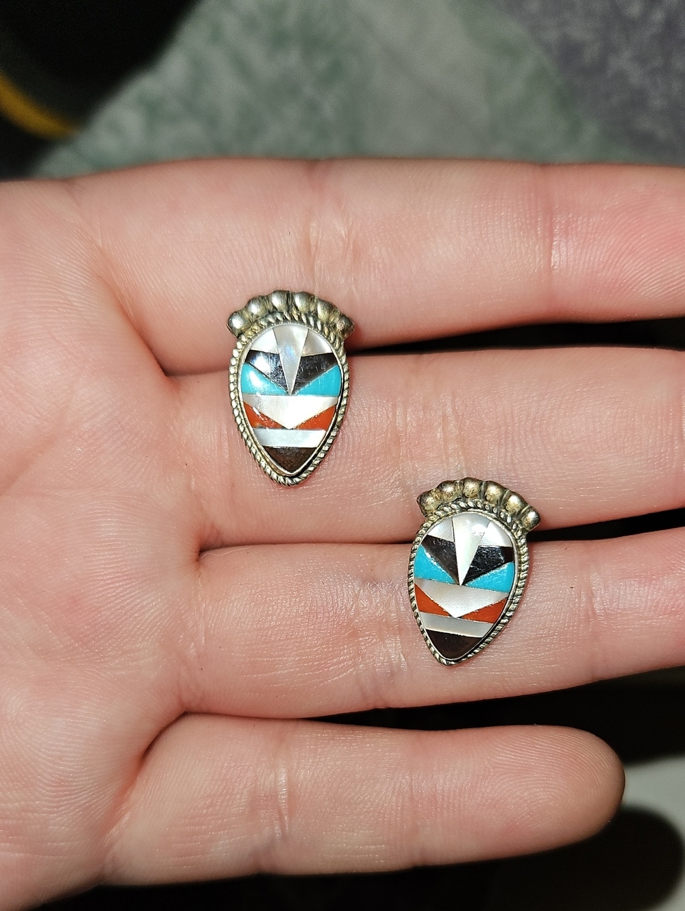 Vintage Navajo Handcrafted Teardrop  Earrings in Turquoise, Orange & Black